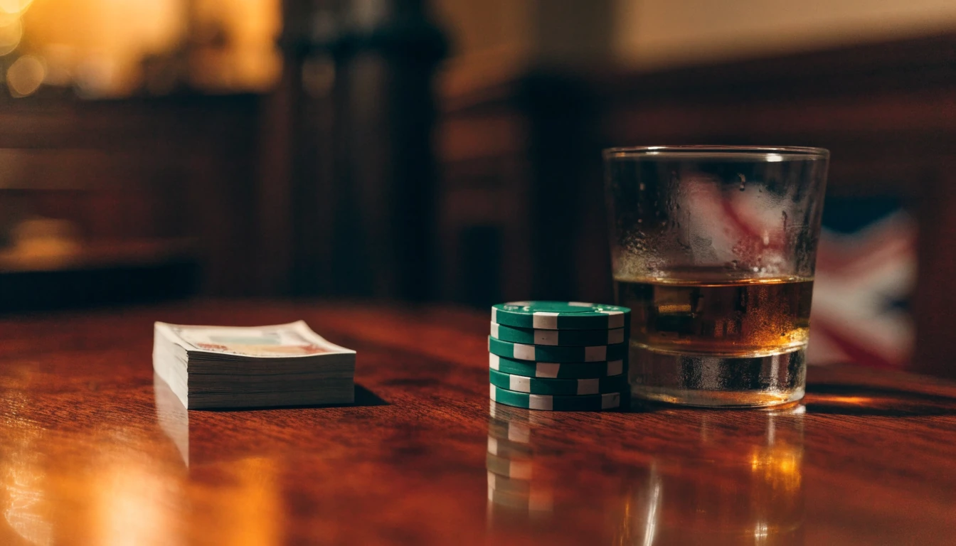 Stack of British ten-pound notes with casino chips on a dark wooden surface