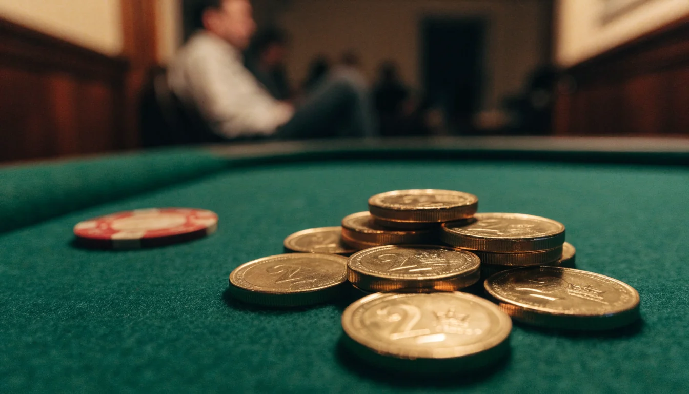 Two-pound coins and a chip on a green casino table in the UK