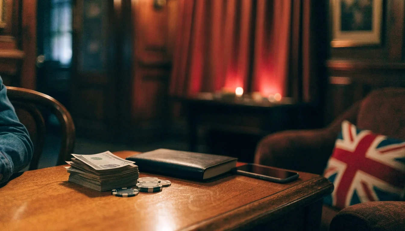 British pub setting with twenty-pound notes and poker chips on a wooden table