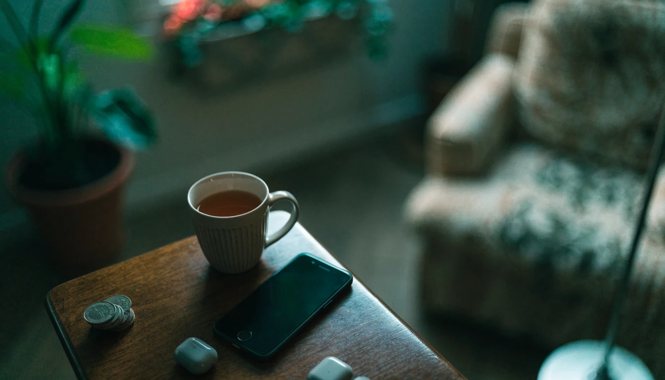 Smartphone face-down beside tea and pound coins in a London home