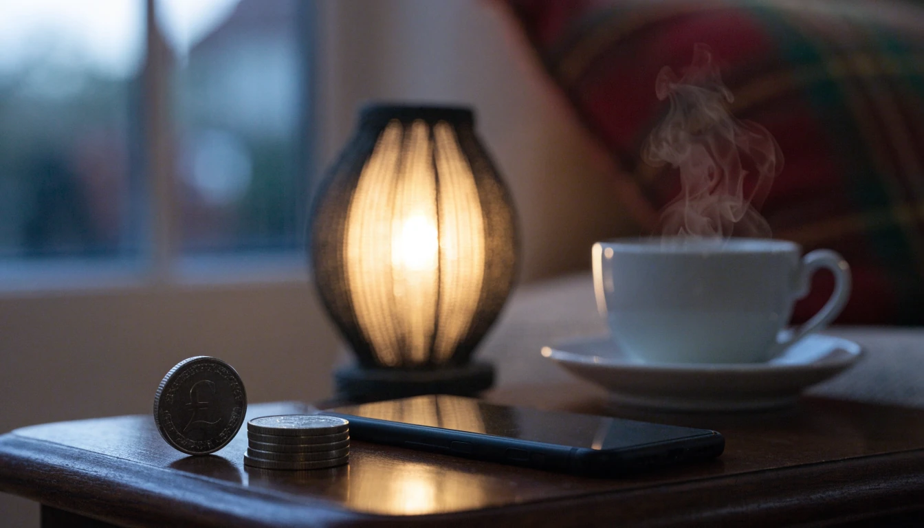 Three British pound coins on a side table with a face-down smartphone