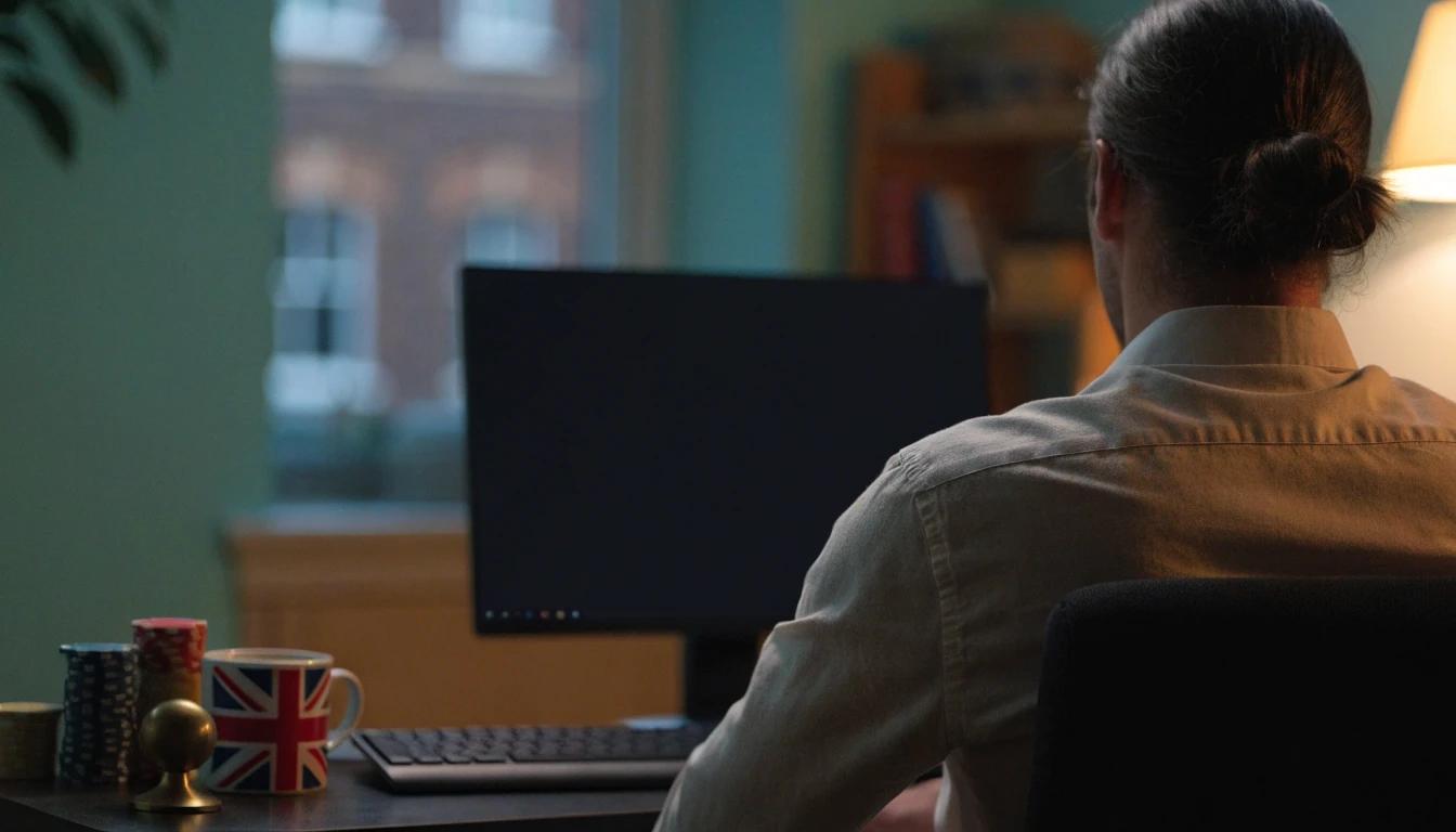 Casino chips stacked beside a turned-away monitor in a British home setup