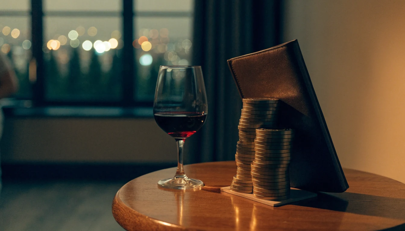 Casino chips and wine glass on a table in a London flat at evening.