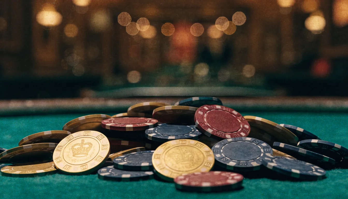 Luxury British casino chips on green felt table with warm amber lounge lighting