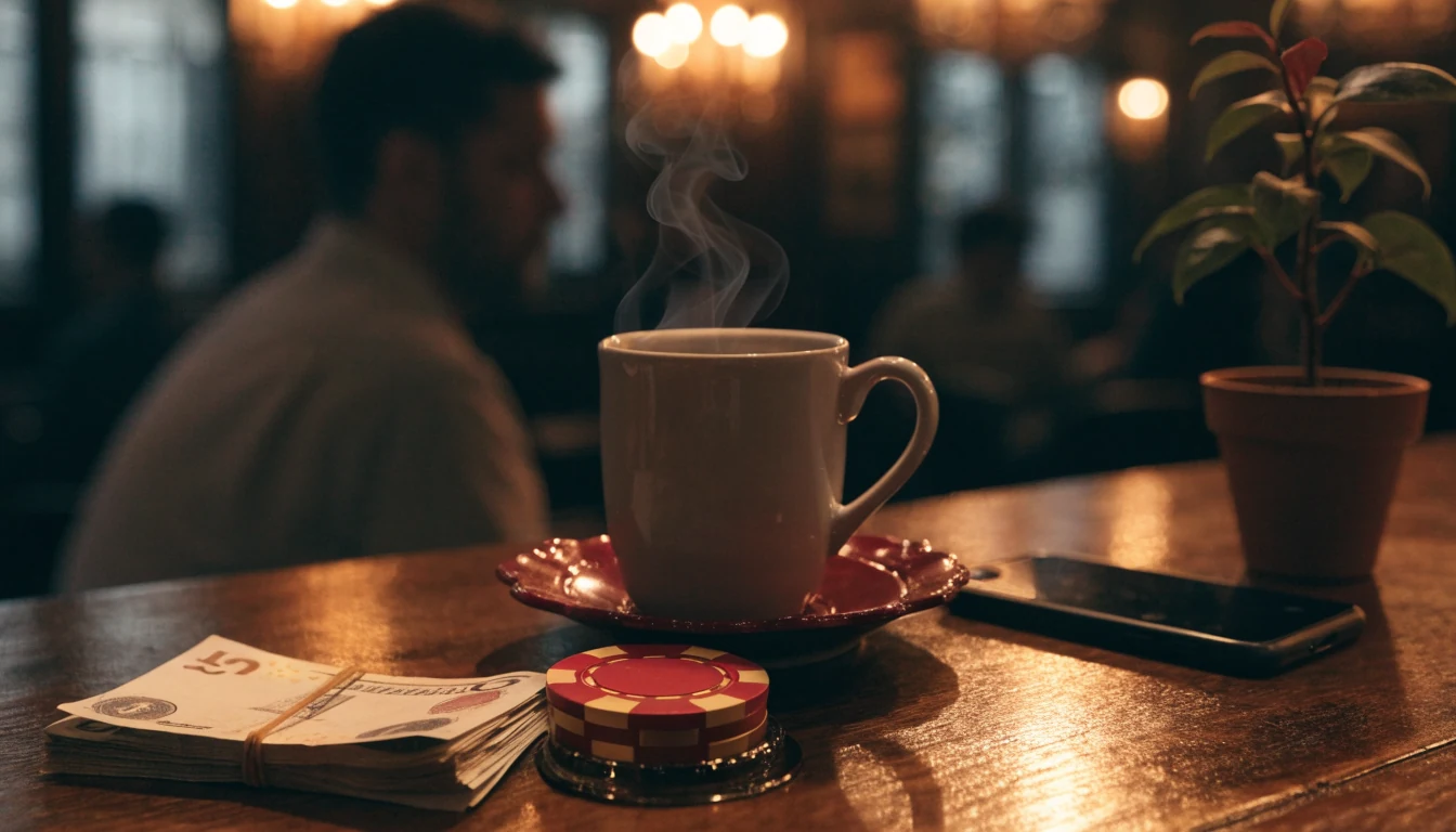 British five-pound notes beside a casino chip on a wooden pub counter