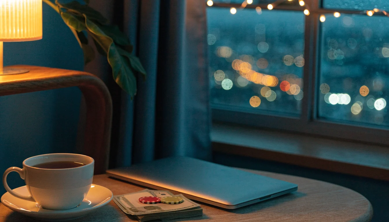 London flat interior with casino chips and pound notes by a closed laptop at night