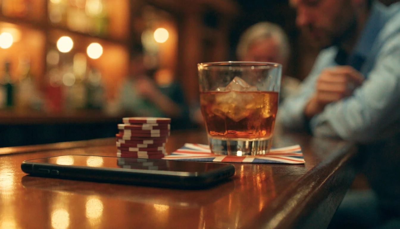 Smartphone on a pub bar counter beside casino chips in a British setting