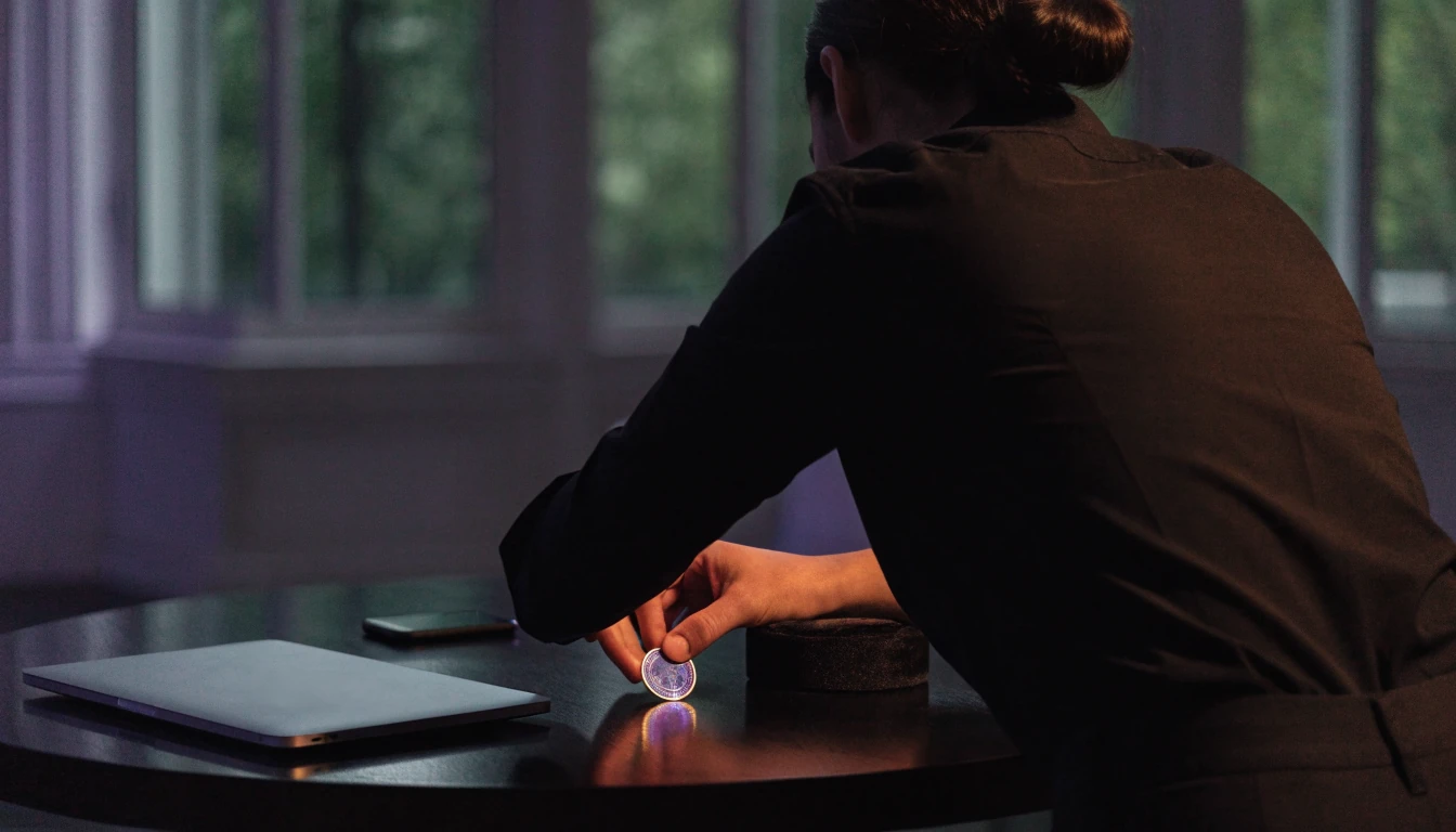Anonymous person placing a crypto token beside a closed laptop in a private London lounge.