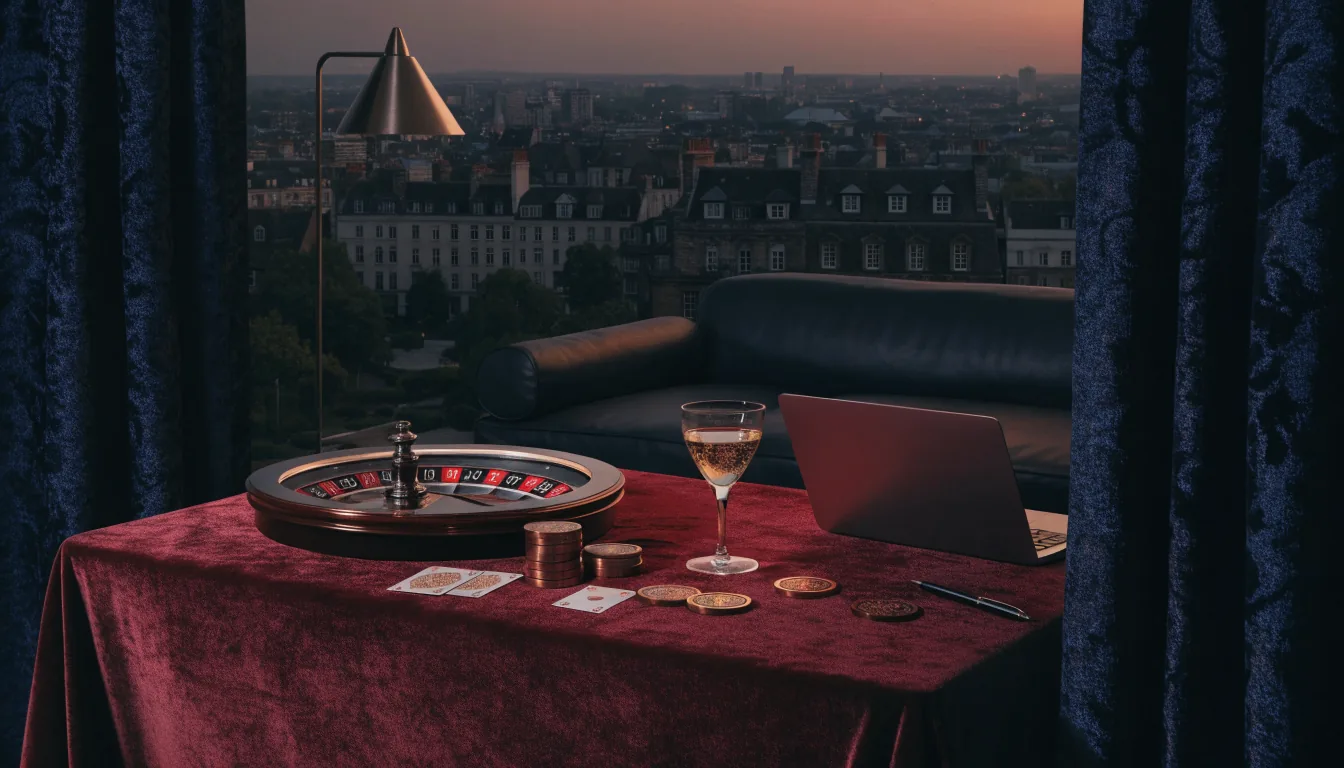 Upscale UK casino lounge with roulette, cards, tokens, and hidden screen