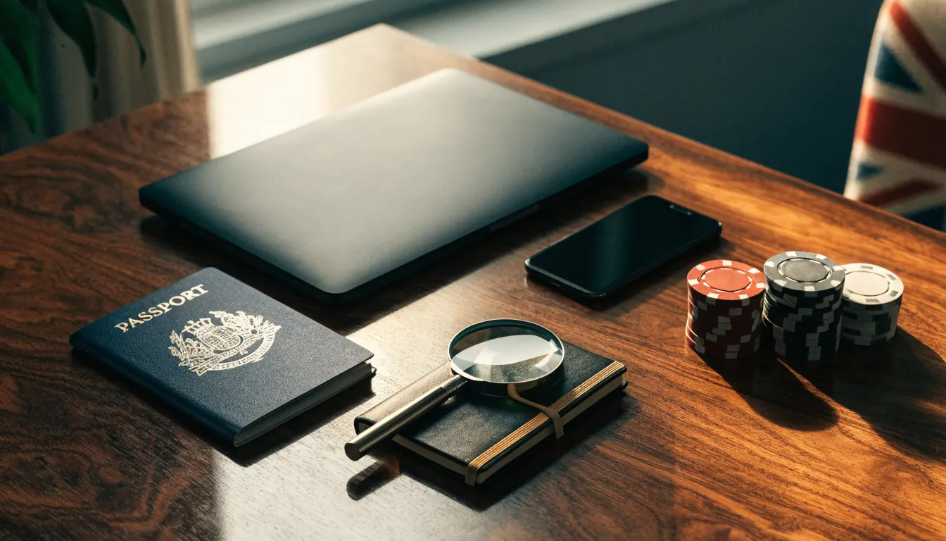 UK-focused casino verification scene with closed devices, chips, passport, and magnifying glass