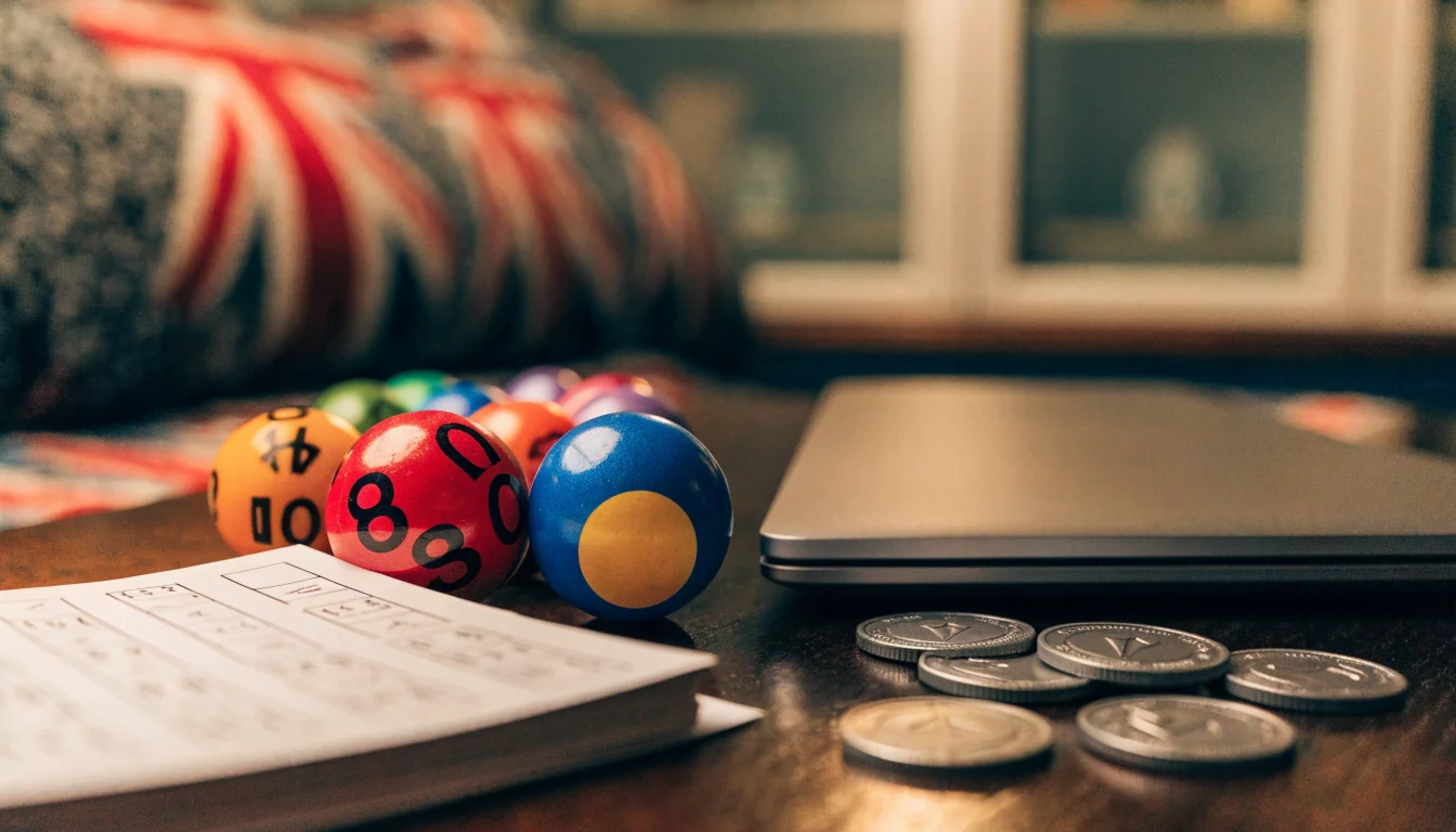 British bingo and slot-themed casino setup with tokens, cards and closed laptop