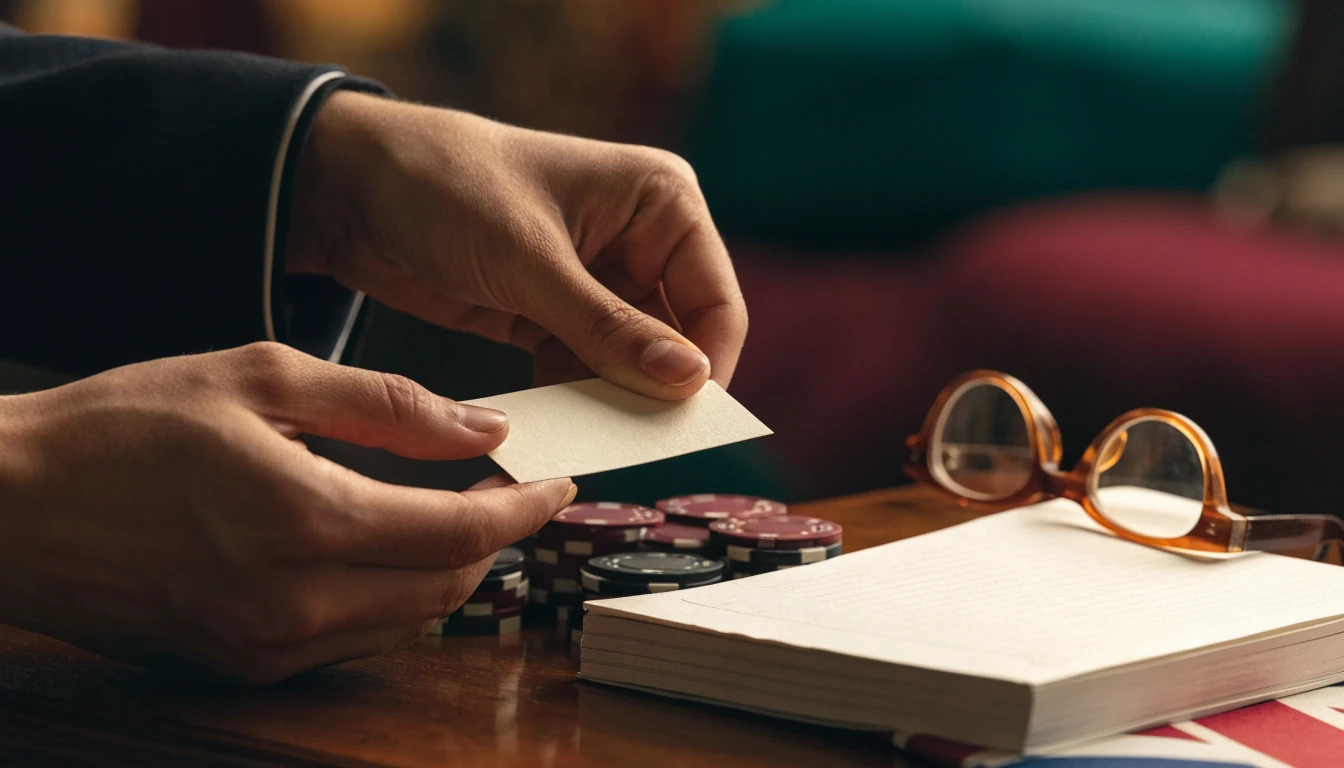 Hands reviewing a welcome offer with casino chips and notebook