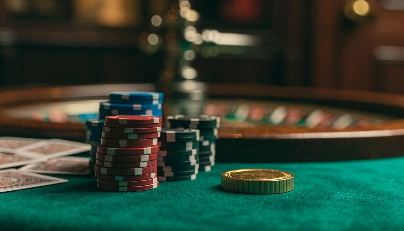 Stacked casino chips, playing cards and a roulette wheel on a green felt table in a British casino lounge.