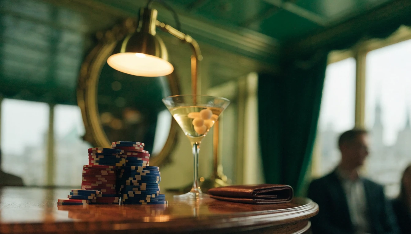 Casino chips and a martini glass on a polished wooden table in an elegant London lounge