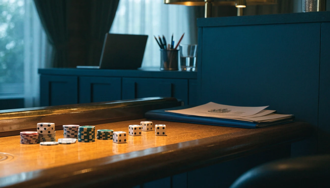 UK craps chips, dice, closed laptop, and regulatory folder in a premium casino setting