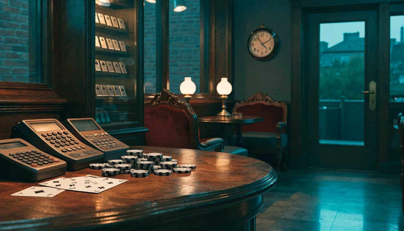Sophisticated UK casino lounge with roulette chips and slot tokens