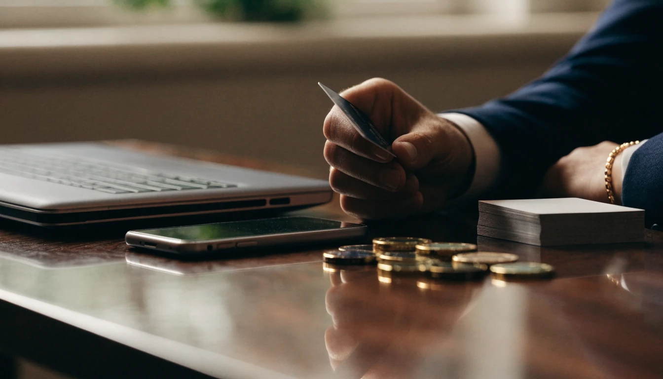 Player receiving a bank card beside closed devices and casino tokens