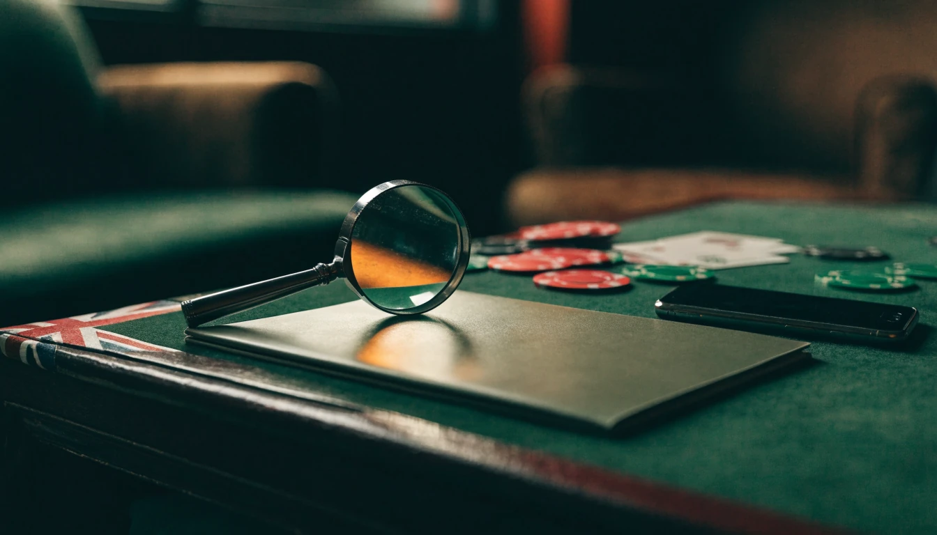 Magnifying glass, closed catalogue and face-down phone on a British casino table