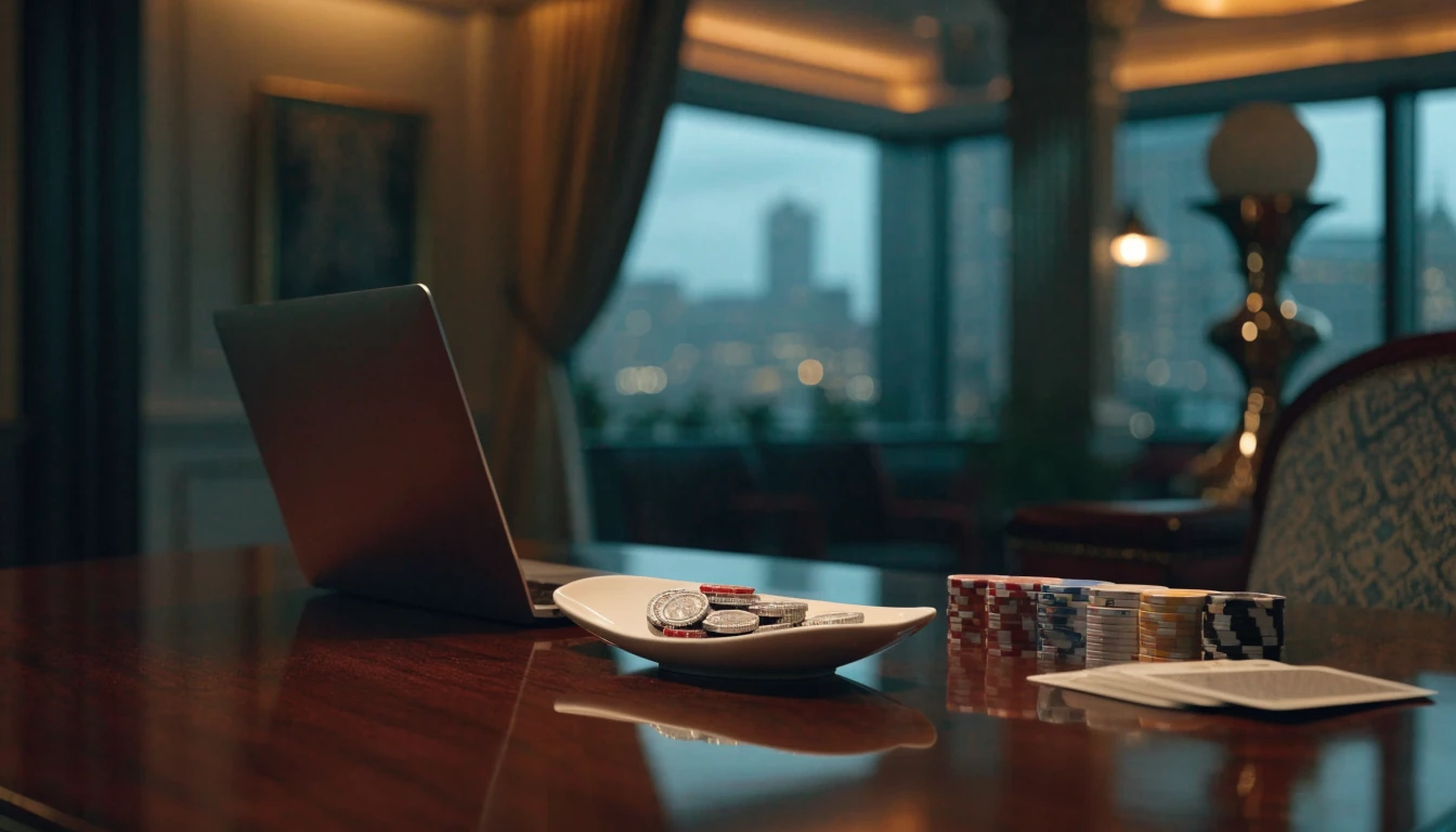 Elegant British casino review scene with tokens, chips and closed laptop