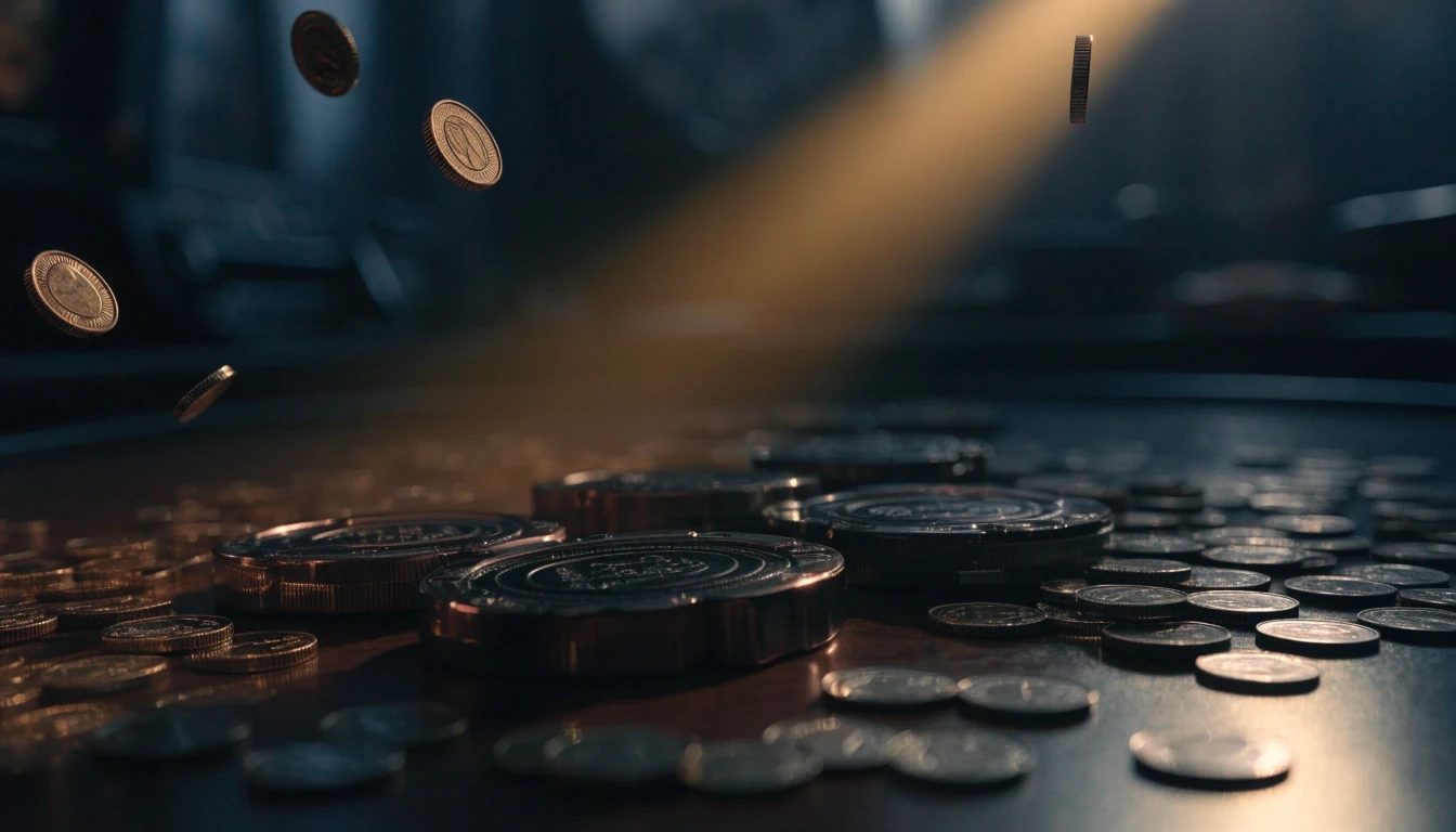 Dramatic casino tokens and suspended coins illustrating high-volatility slot returns