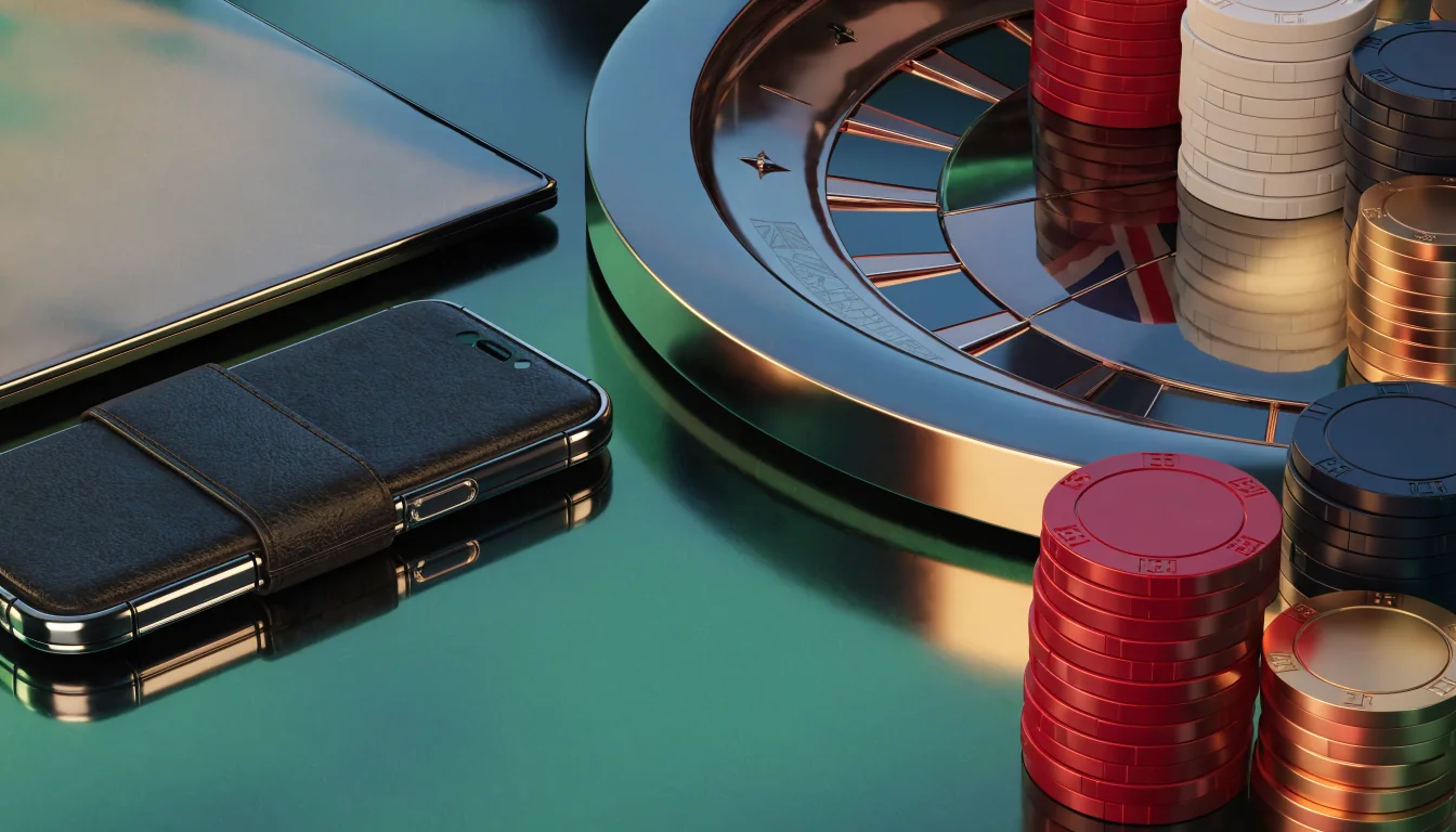 Roulette wheel, colourful casino chips and closed devices in a modern UK lounge