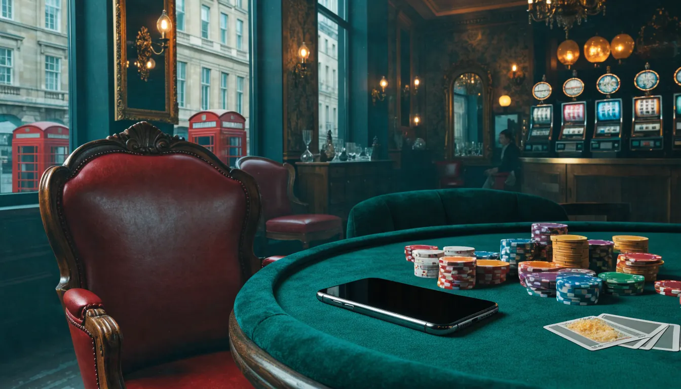 Illustrated UK casino lounge with slot motifs, roulette chips, and smartphone