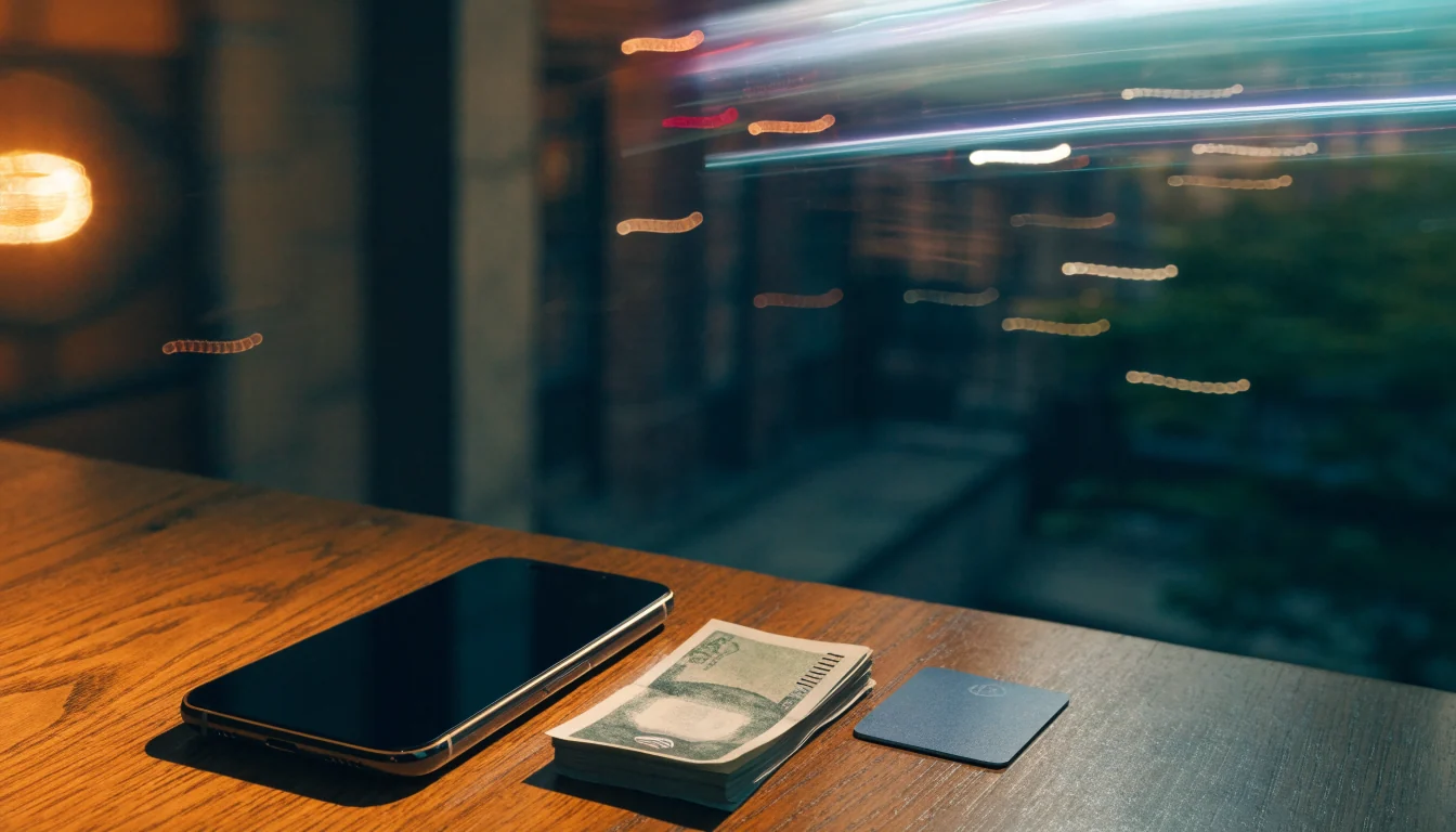 British smartphone face-down with pound banknotes and contactless card on table