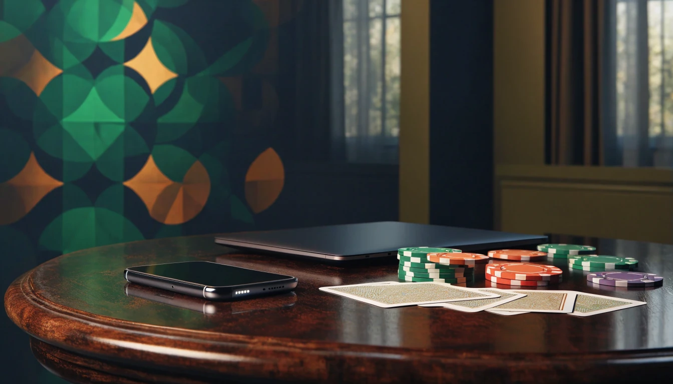 Premium UK casino guide scene with concealed devices and physical gaming tokens