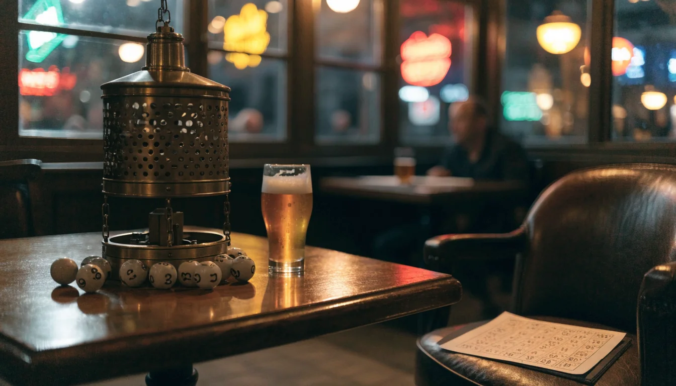 British pub scene with brass keno cage, numbered balls, and ale on wooden table