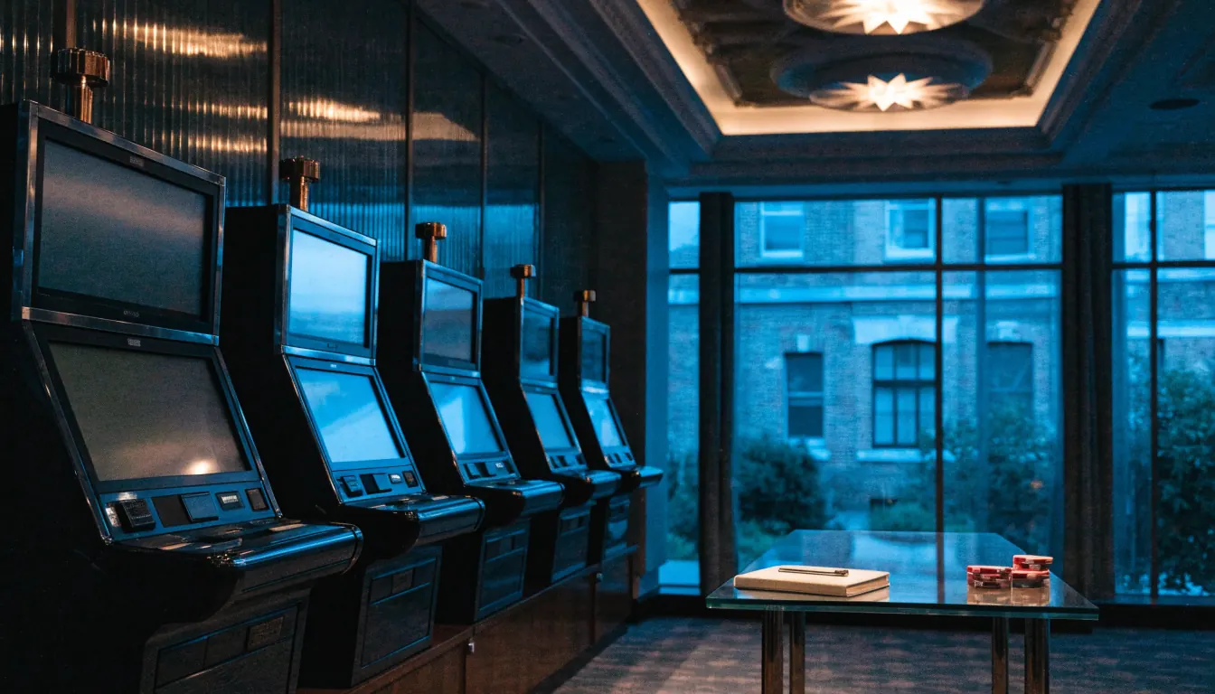 Quiet UK casino lounge with turned-away slot machines and casino chips