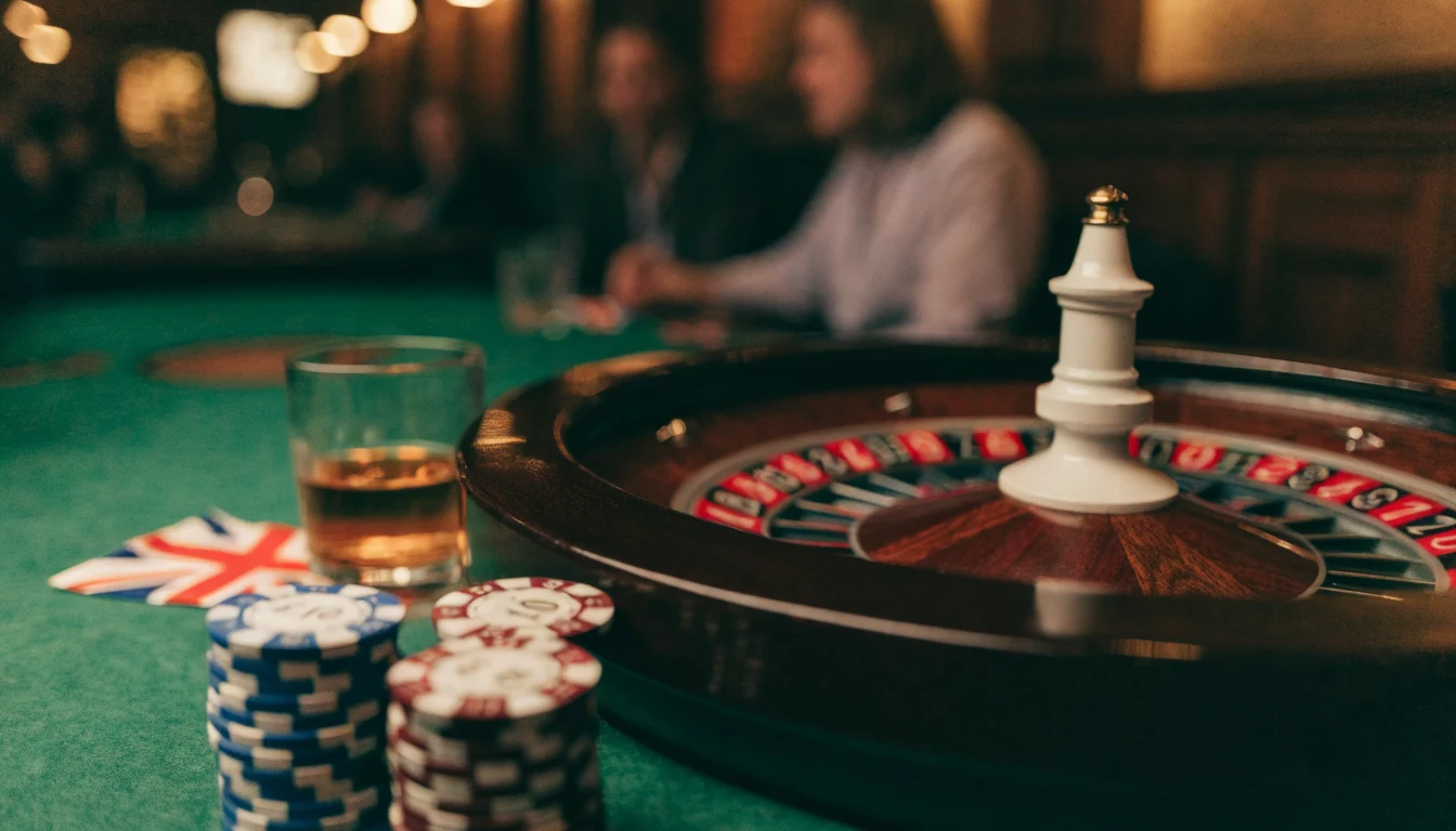 UK casino table with roulette wheel and chips