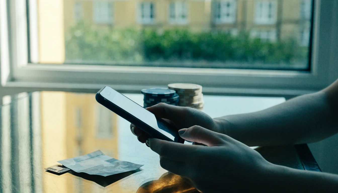 UK mobile credit payment for a casino account shown with smartphone, SIM, voucher and chips.