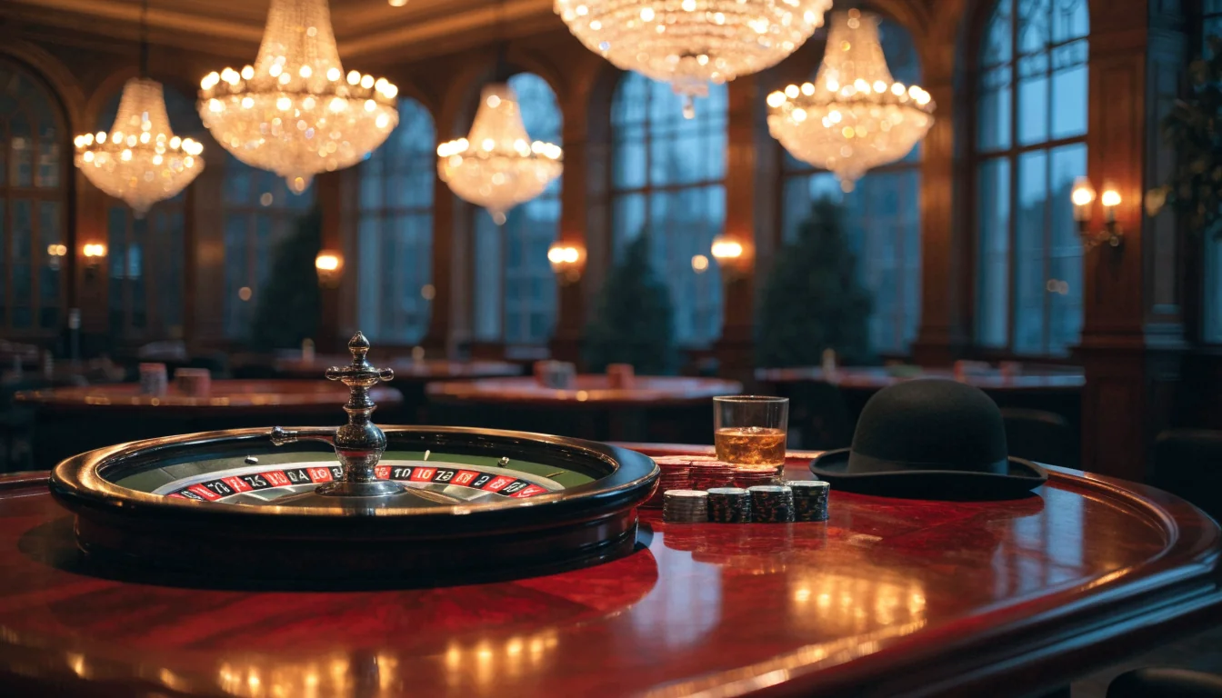 Elegant British casino interior with roulette wheel and chips at dusk