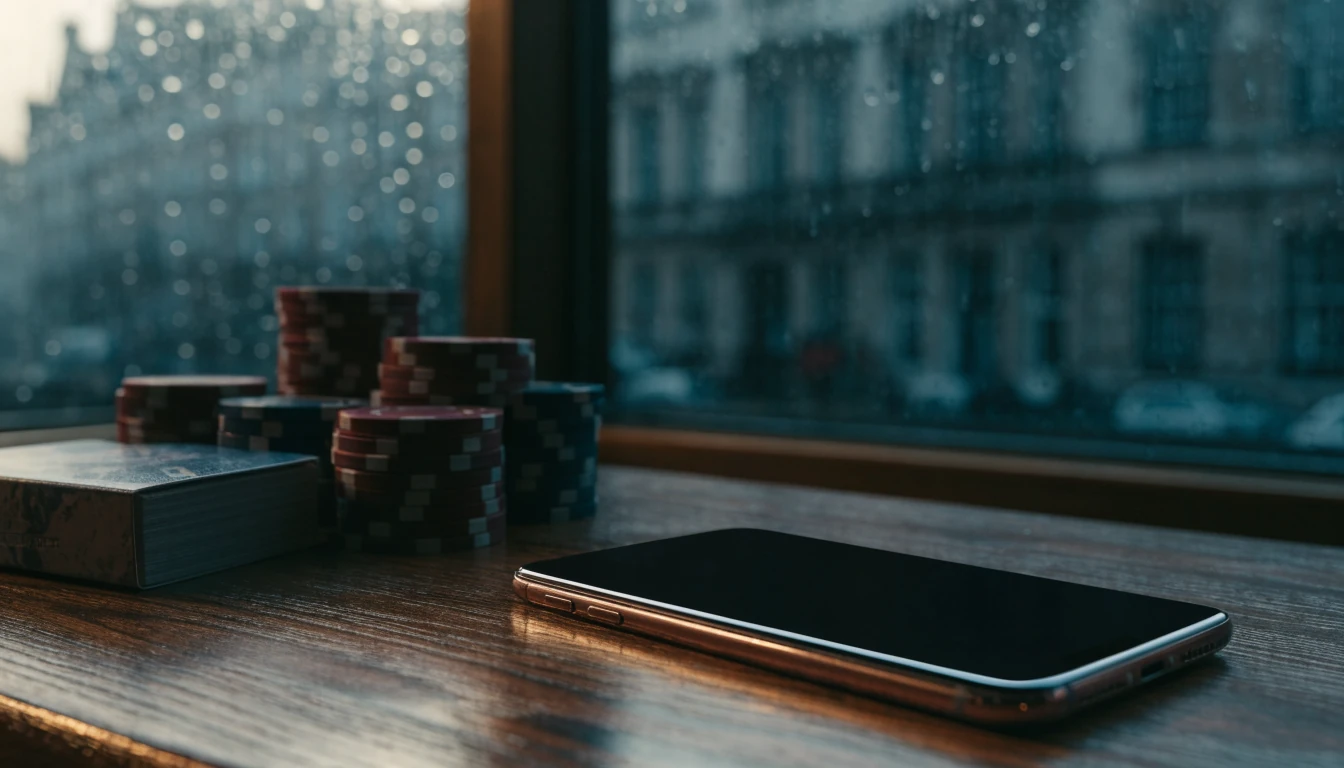Dark smartphone with casino chips beside a rain-flecked British city window.