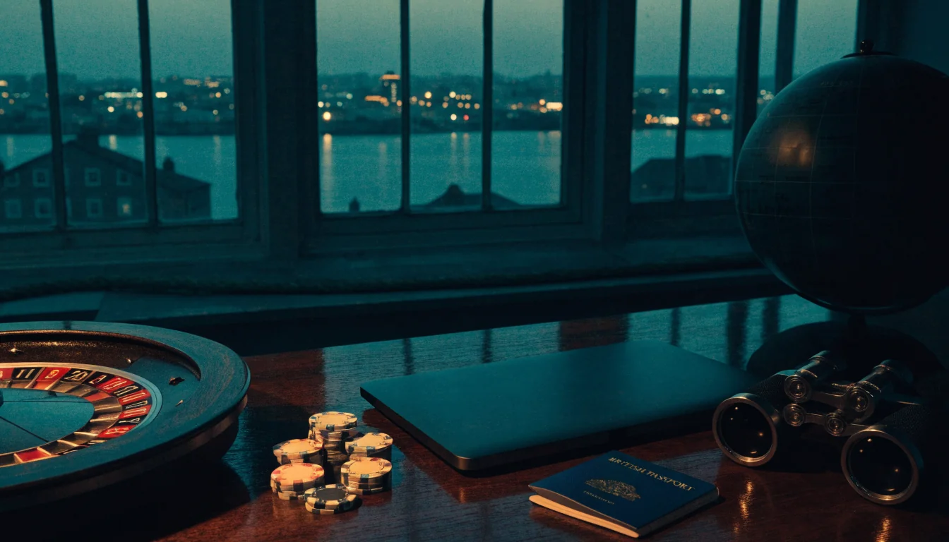 Roulette wheel, chips, closed laptop, British passport, and binoculars on a dark table with a coastal city at twilight.