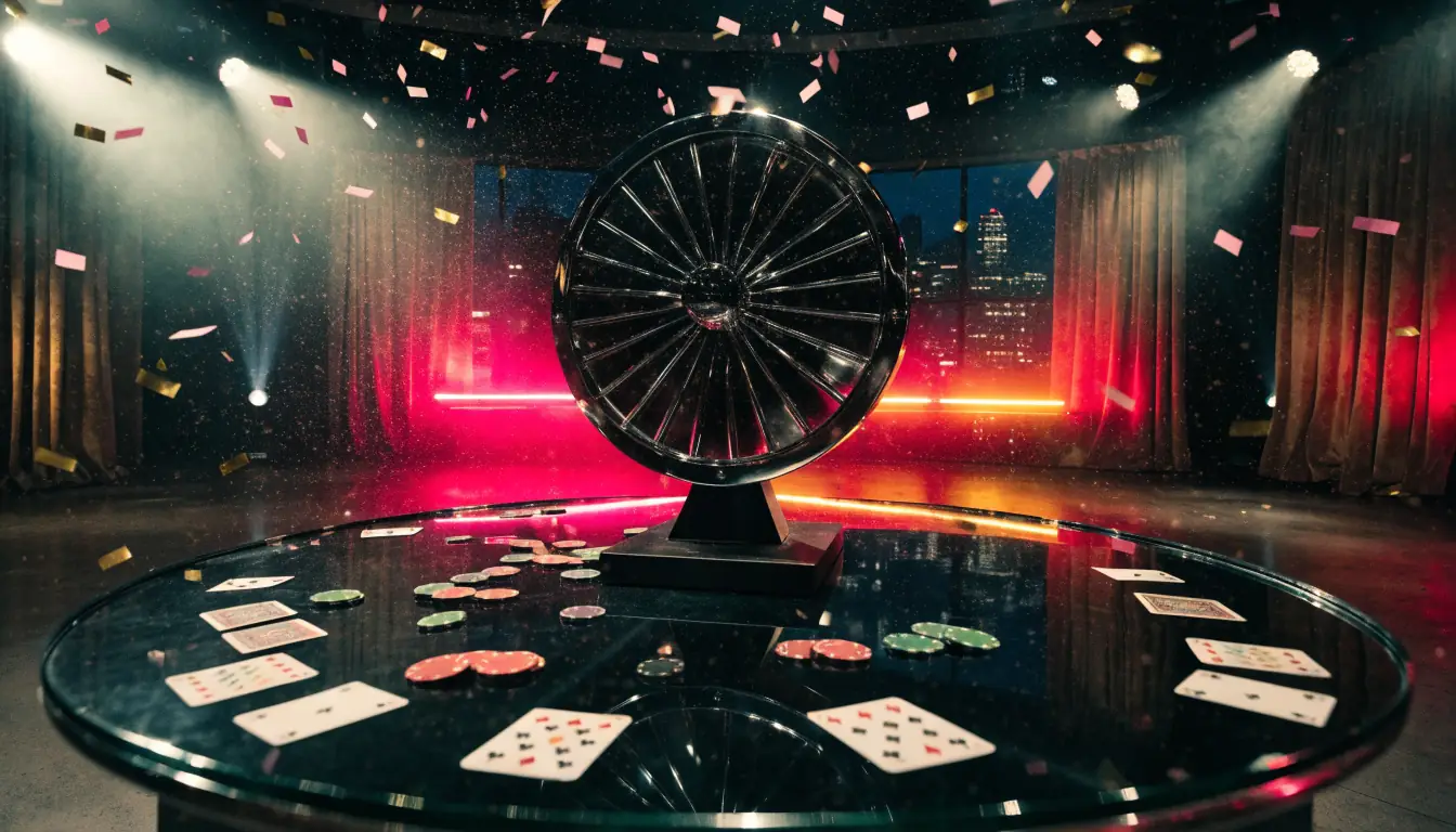 Glamorous empty live game show studio with a prize wheel and neon lights