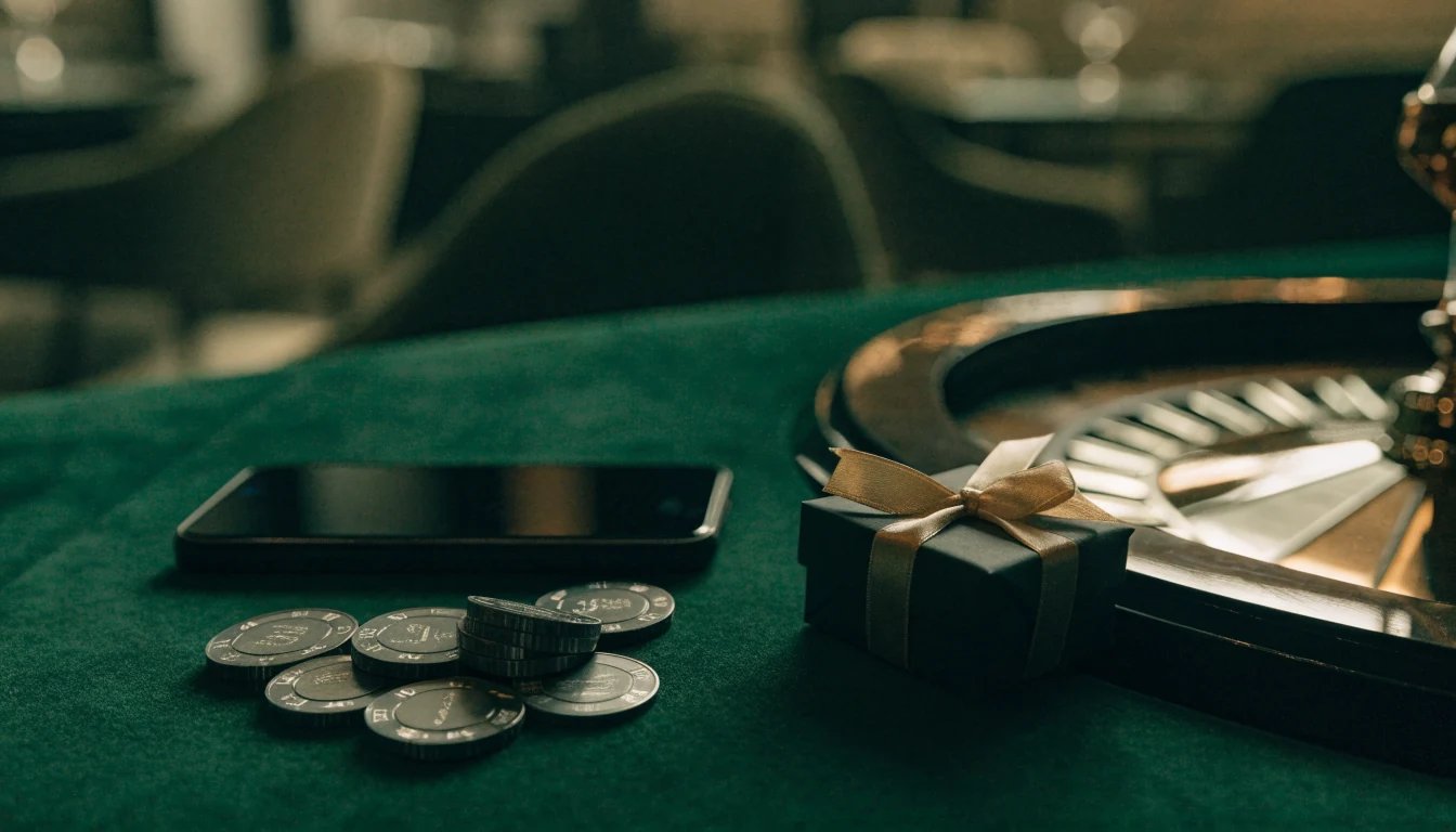 Elegant British casino scene with hidden phone, roulette wheel, and welcome gift box