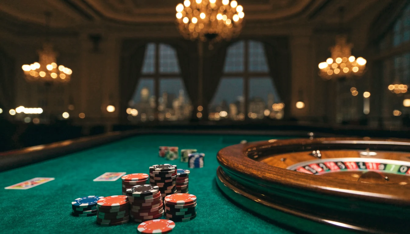 Luxury London casino table with stacked chips and roulette wheel at night