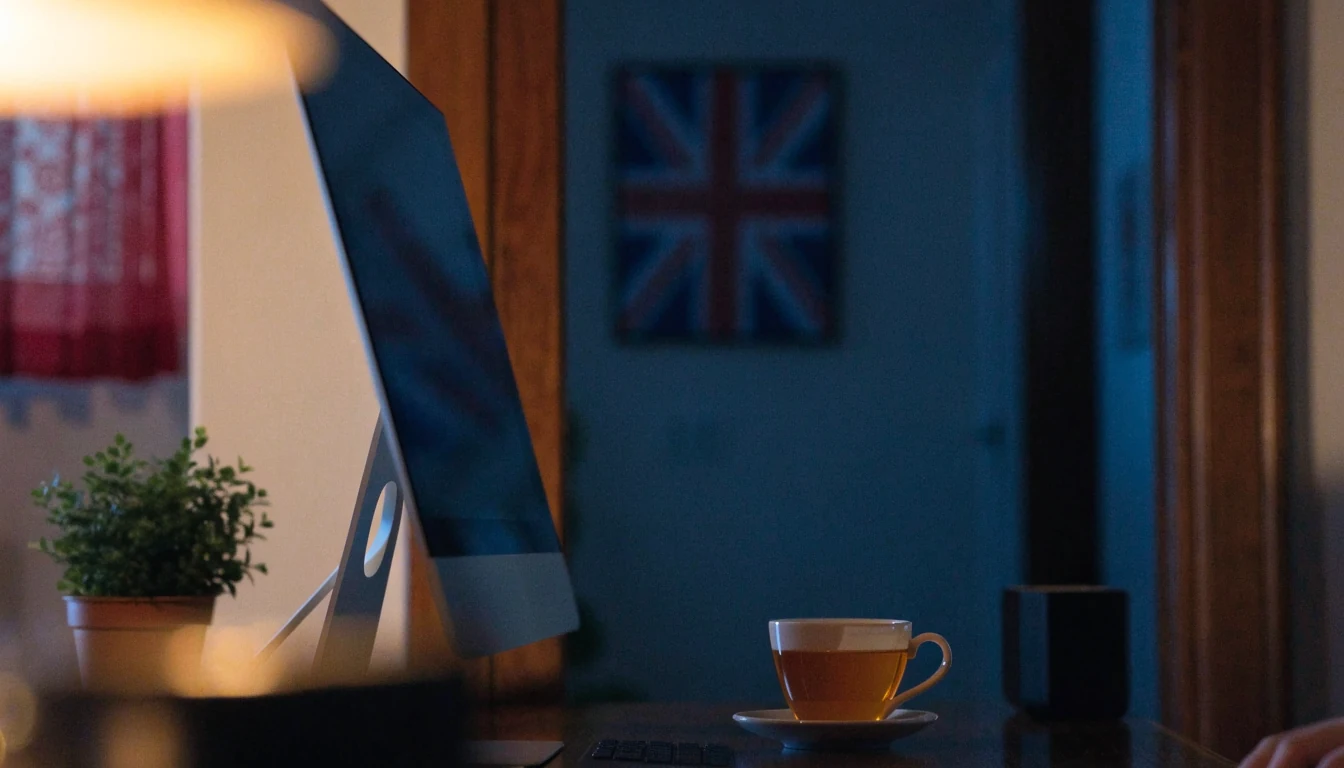 Desktop computer on desk in London apartment, screen turned away