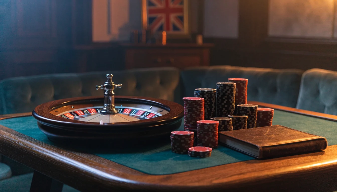 Premium UK casino lounge with roulette wheel and chips on green felt table