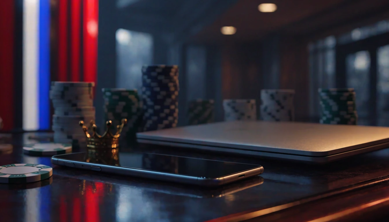Smartphone, closed laptop, casino chips and gold token in a premium UK setting