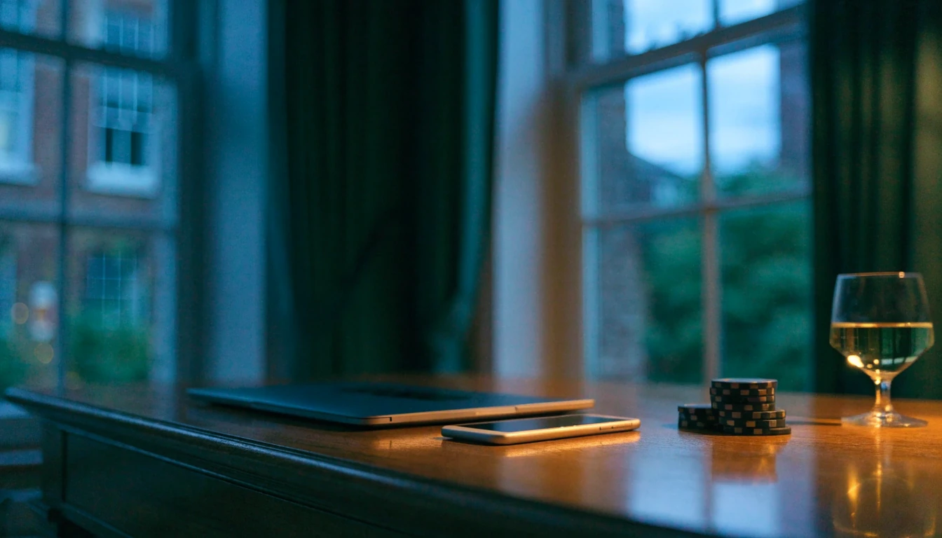 Closed devices with casino chips in a refined British home-office setting