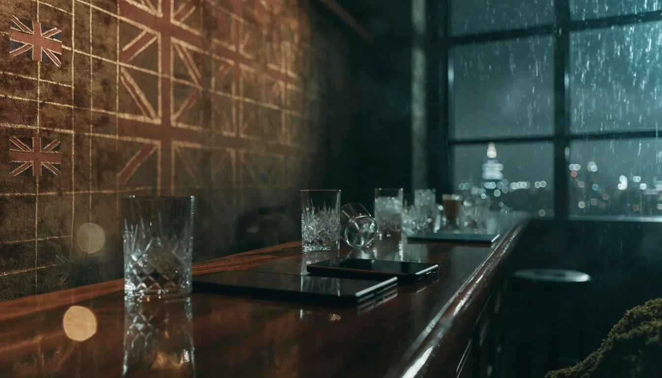 Stylized British casino lounge scene with face-down devices, amber lighting, and London skyline backdrop.