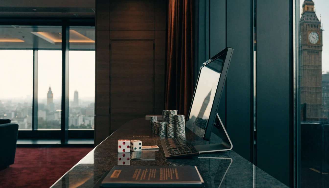 Licensed UK casino-themed desk with chips, dice, and concealed catalogue