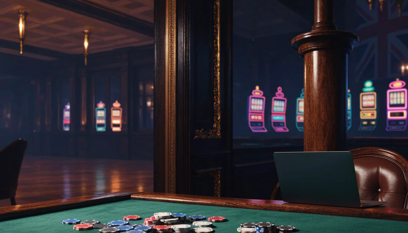 Stylised British casino lounge with slot machines and casino chips