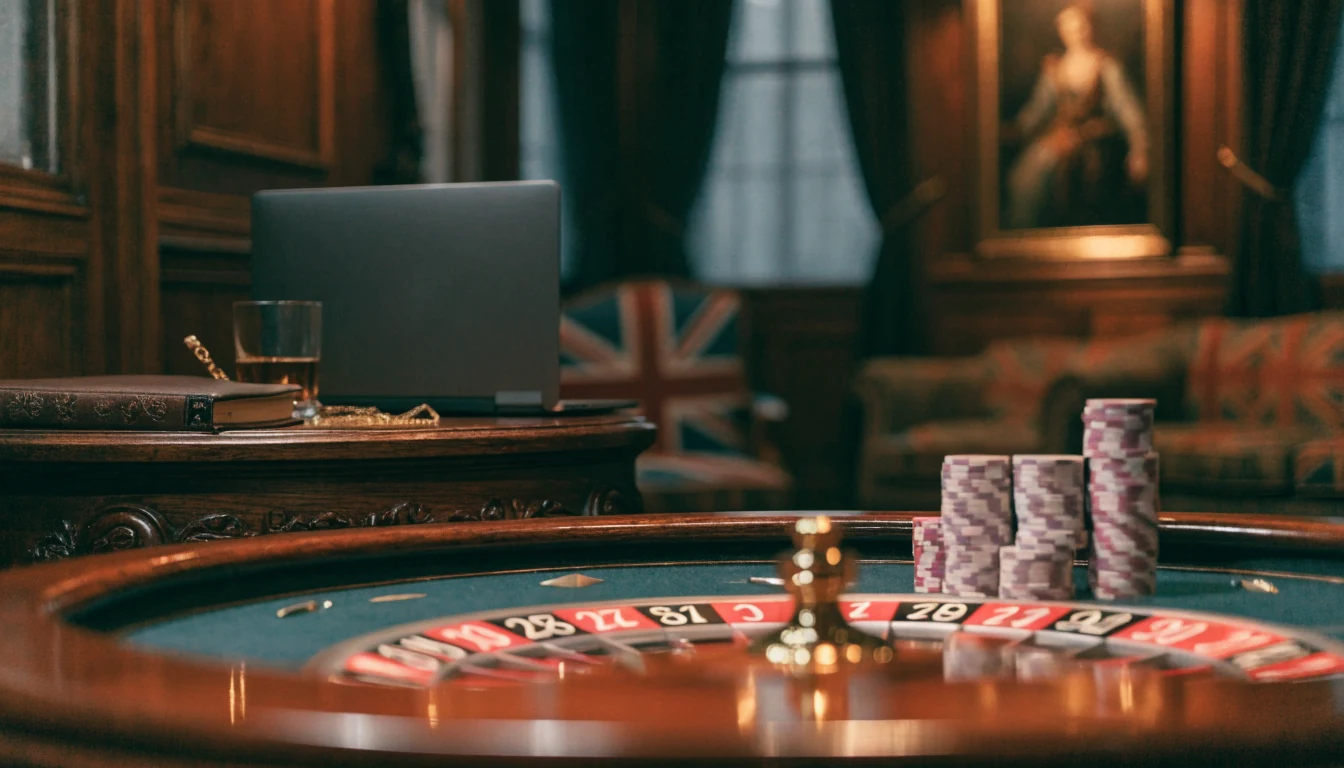 Elegant British gambling lounge with roulette wheel, casino chips, and a closed laptop.