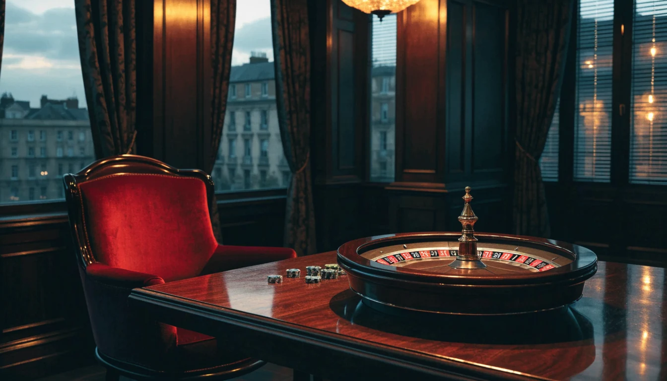 Sophisticated British casino lounge with roulette wheel and red velvet chair
