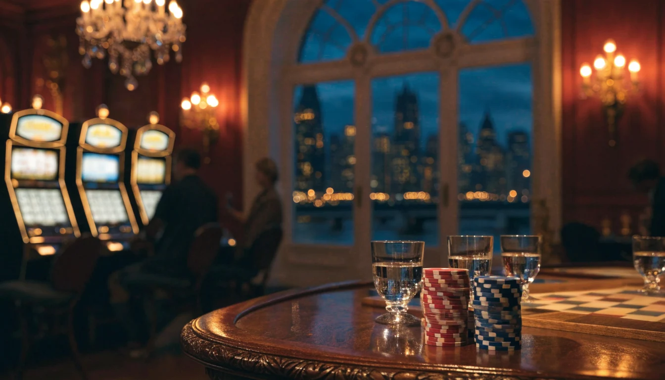 Upscale London casino lounge with poker chips, mahogany table, and softly glowing slot machines