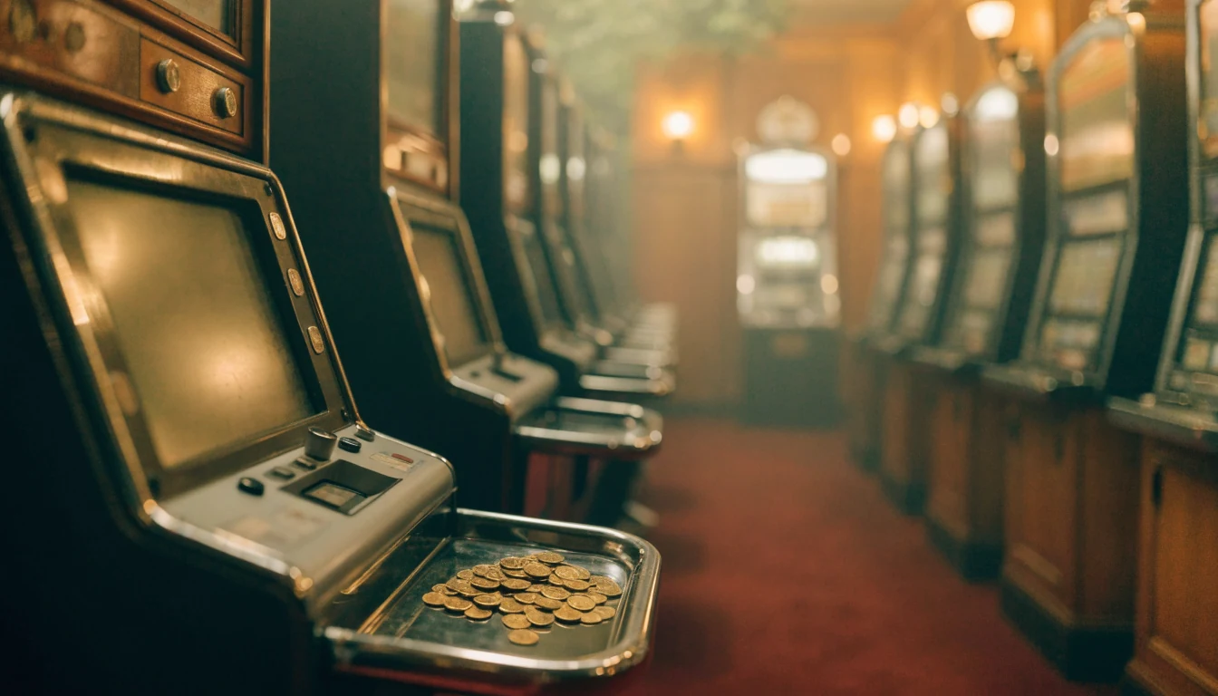 Warm-lit British casino floor with blurred slot machines and golden coins in foreground