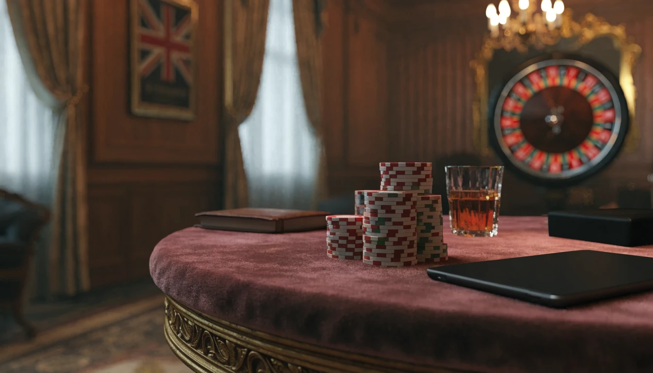 Elegant British casino lounge with chips, roulette, and face-down tablet